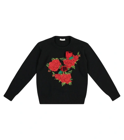 Shop Dolce & Gabbana Floral Appliqué Wool Sweater In Black