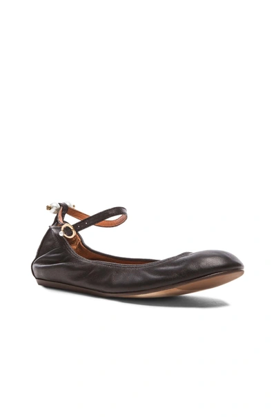 Shop Lanvin Ankle Strap Ballerina Lambskin Flats With Pearls In Black