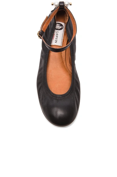 Shop Lanvin Ankle Strap Ballerina Lambskin Flats With Pearls In Black