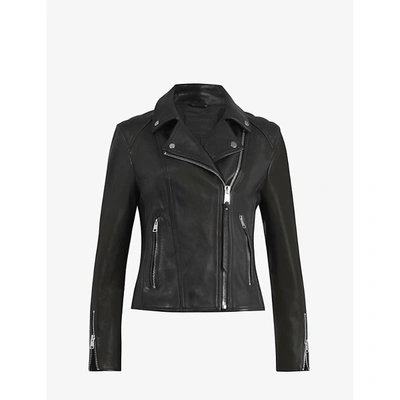 Shop Allsaints Womens Black Neve Quilted-shoulder Leather Biker Jacket 8