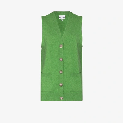 Shop Ganni Crystal Flower Button Cashmere Gilet In Green
