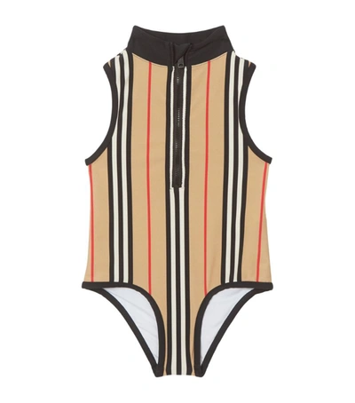 Shop Burberry Kids Icon Stripe Zip-front Swimsuit
