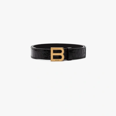 Shop Balenciaga Black Hourglass Mock Croc Leather Belt