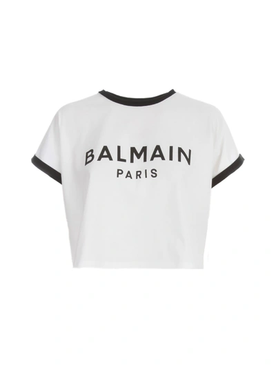 Shop Balmain Cropped Ss Flocked Logo T-shirt In Gab Blanc Noir