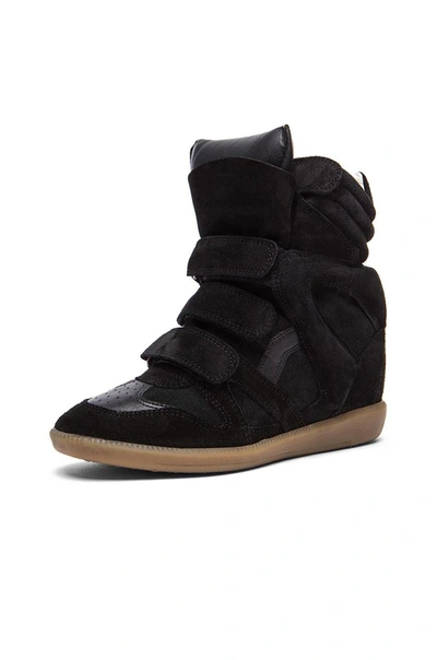 Shop Isabel Marant Bekett Calfskin Velvet Leather Sneakers In Faded Black