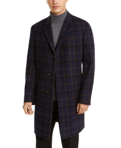 Shop Kenneth Cole Men's Raburn Slim-fit Navy Blue Windowpane Overcoat
