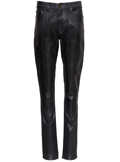 Shop Saint Laurent Skinny Jeans In Shiny Effect Stretch Denim In Black