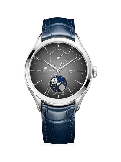 Shop Baume & Mercier Women's Clifton Baumatic Stainless Steel & Alligator Strap Day-date Moon Phase Chronometer Watch In Blue