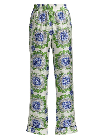 Shop Rodarte Floral Printed Silk Twill Pajama Pants In Blue And Green