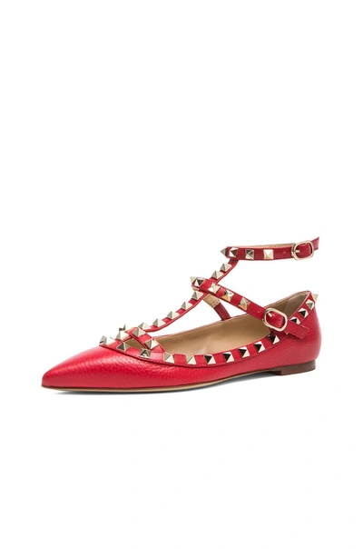 Shop Valentino Rockstud Leather Ballerina Flats In Rosso