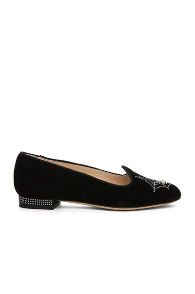 Shop Charlotte Olympia Charlotte's Web Swarovski Velvet Flats In Black