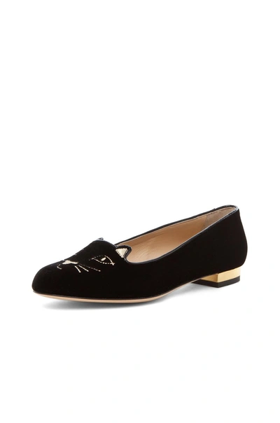 Shop Charlotte Olympia Kitty Velvet Flats In Black