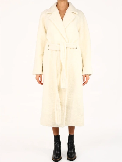 Ganni Wool Blend Bouclé Midi Coat In White | ModeSens