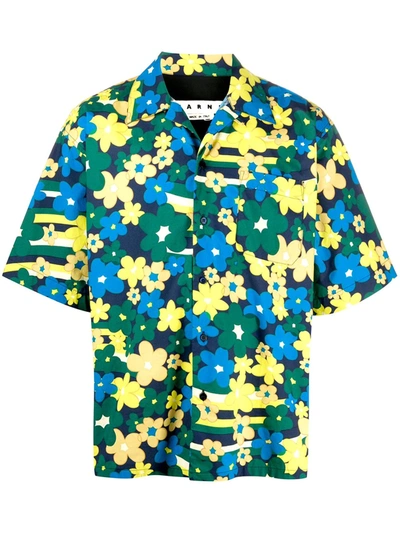 Shop Marni Floral Print Shirt In Blue