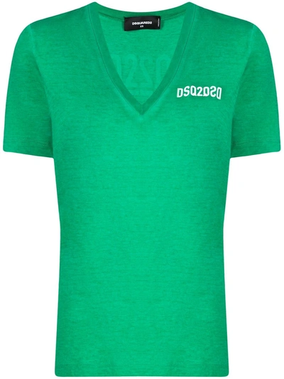 Shop Dsquared2 Logo Print V-neck T-shirt In Green