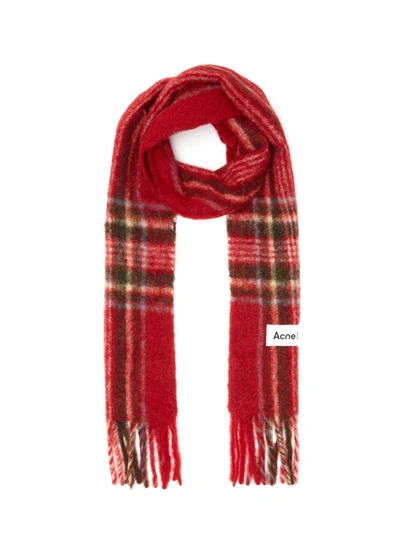 Shop Acne Studios Tartan Check Fringe Scarf In Red