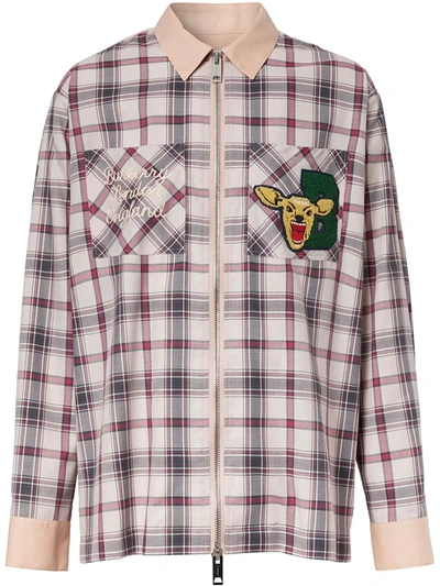 Shop Burberry Embroidered-design Check-print Shirt In Pink