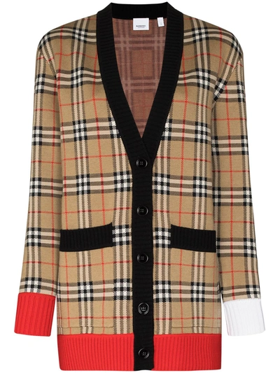 Shop Burberry Check Pattern Panel Cardigan In Braun