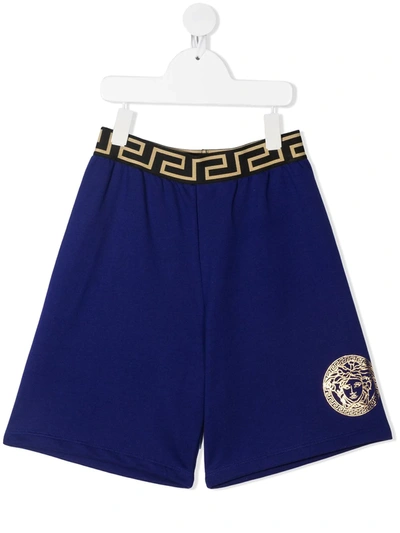Shop Young Versace Medusa Logo Cotton Shorts In Blue