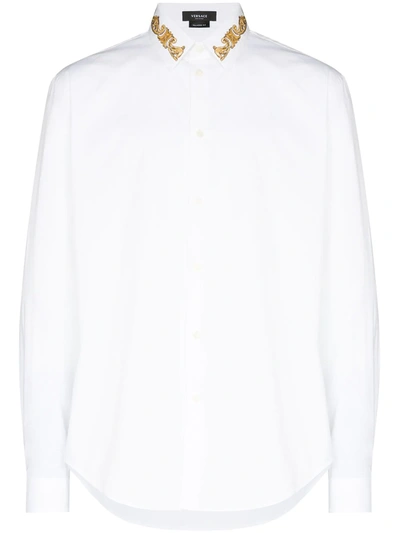 Shop Versace Embroidered Baroque Collar Shirt In White
