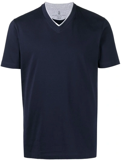 Shop Brunello Cucinelli Contrast Insert V-neck T-shirt In Blue