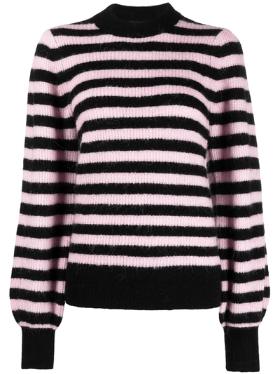 Shop Ganni Horizontal-stripe Puff-sleeve Jumper In Black