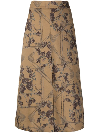 Shop Ganni Brocade Jacquard A-line Midi Skirt In Brown