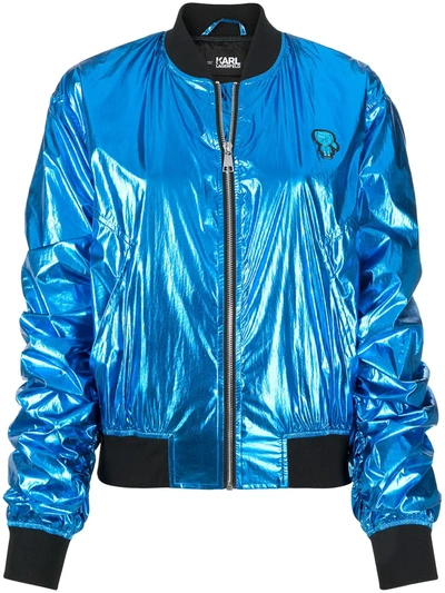 Shop Karl Lagerfeld Metallic Bomber Jacket In Blue