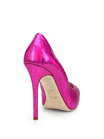 Shop Giuseppe Zanotti Snakeskin-embossed Metallic Leather Point-toe Pumps In Fuschia