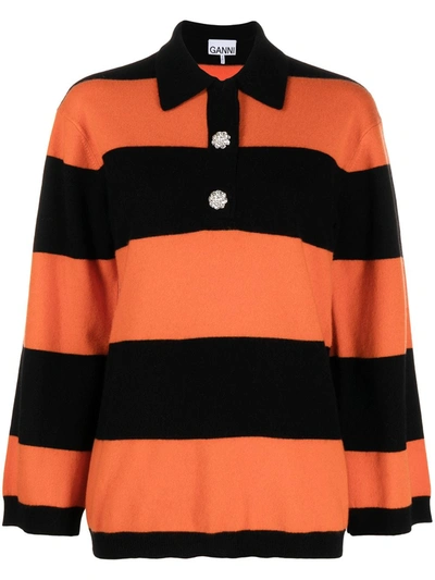 Shop Ganni Horizontal-stripe Knitted Polo Top In Orange