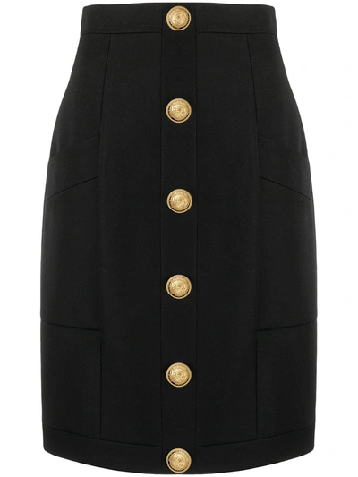 Shop Balmain Button-embellished Wool Skirt In Black