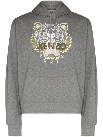 Shop Kenzo Embroidered Tiger Cotton Hoodie In Grey