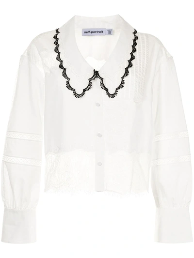 Shop Self-portrait Lace-panel Pointed-collar Shirt In White