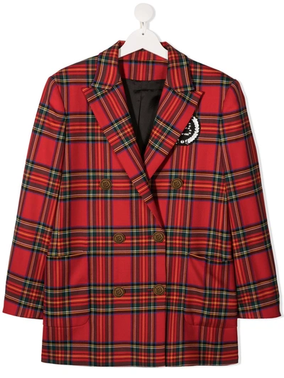 Shop Balmain Plaid Double-breasted Blazer In Red