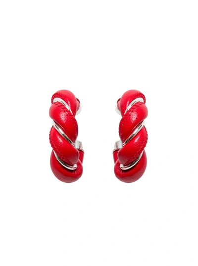 Shop Bottega Veneta Hoop Earrings In Nappa And Silver In Red