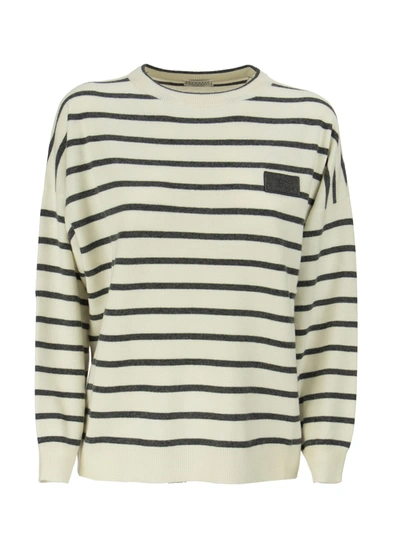 Shop Brunello Cucinelli Virgin Wool, Cashmere And Silk Striped Sweater With Precious Patch Lead