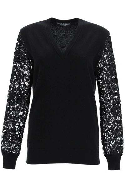 Shop Dolce & Gabbana Sweater With Lace Sleeves In Nero (black)