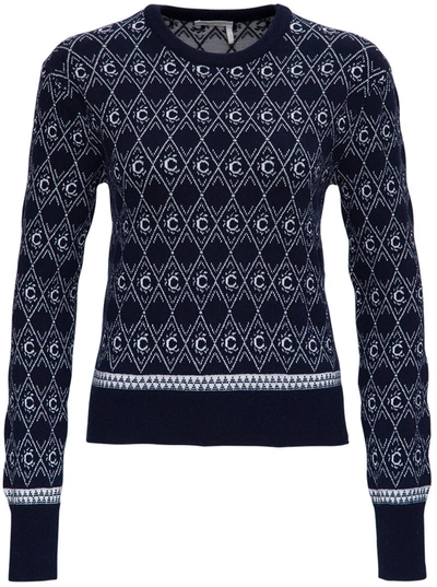 Shop Chloé Knitted Sweater With Jacquard Logo In Blu
