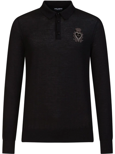 Shop Dolce & Gabbana Embroidered Logo Long Sleeved Polo Shirt In Black