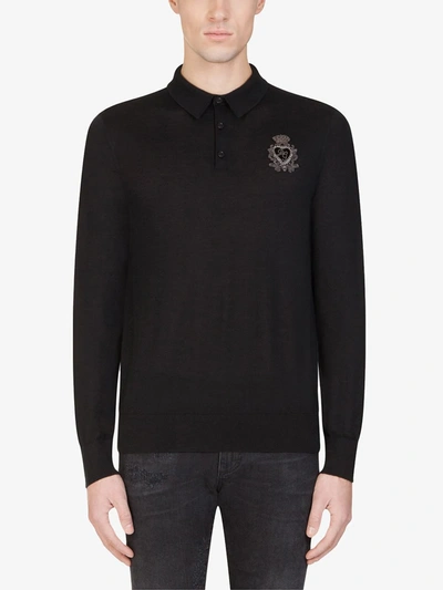 Shop Dolce & Gabbana Embroidered Logo Long Sleeved Polo Shirt In Black