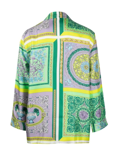Shop Versace Barocco Mosaic Print Silk Pajama Shirt In Green