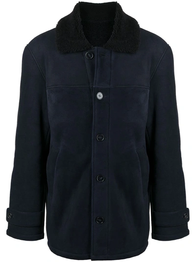 Shop Officine Generale Shearling-trimmed Suede Coat In Blue