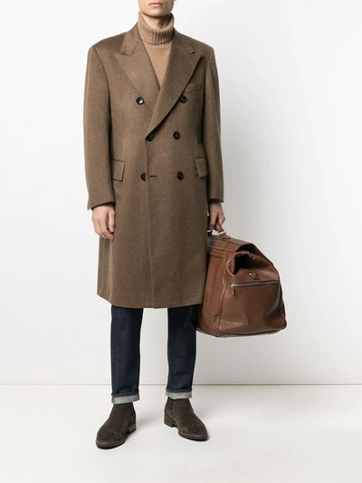 Shop Kiton Cashmere Double Breasted Coat In Brown