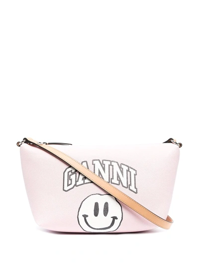 Shop Ganni Smiley Print Shoulder Bag In Pink