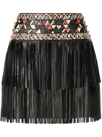 Pre-owned Valentino Fringed Leather Mini Skirt In Black