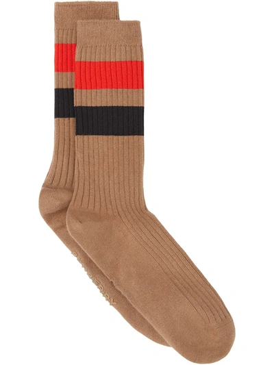 Shop Burberry Striped Ribbed Socks In Brown