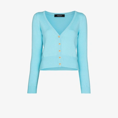 Shop Versace Cropped Cashmere Cardigan In Blue