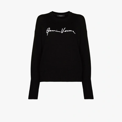 Shop Versace Gv Signature Crew Neck Sweater In Black