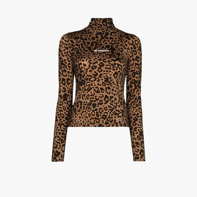 Shop Vetements Brown Leopard Print Logo Turtleneck Top