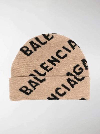 Shop Balenciaga All Over Logo Beanie In Neutrals